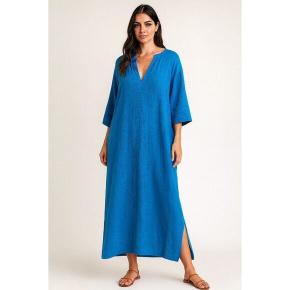 Vilebrequin Dresses & Skirts - Vilebrequin A-Line Long Dress Kaftan Blue Linen Lagenlook 3/4 Sleeve Size S / M